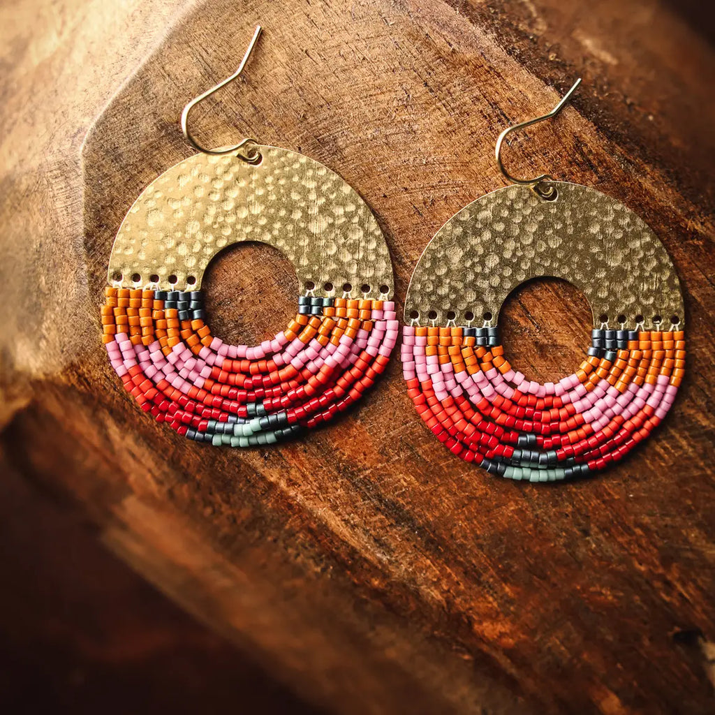 Beaded Handwoven Organic Circular Fringe Earrings