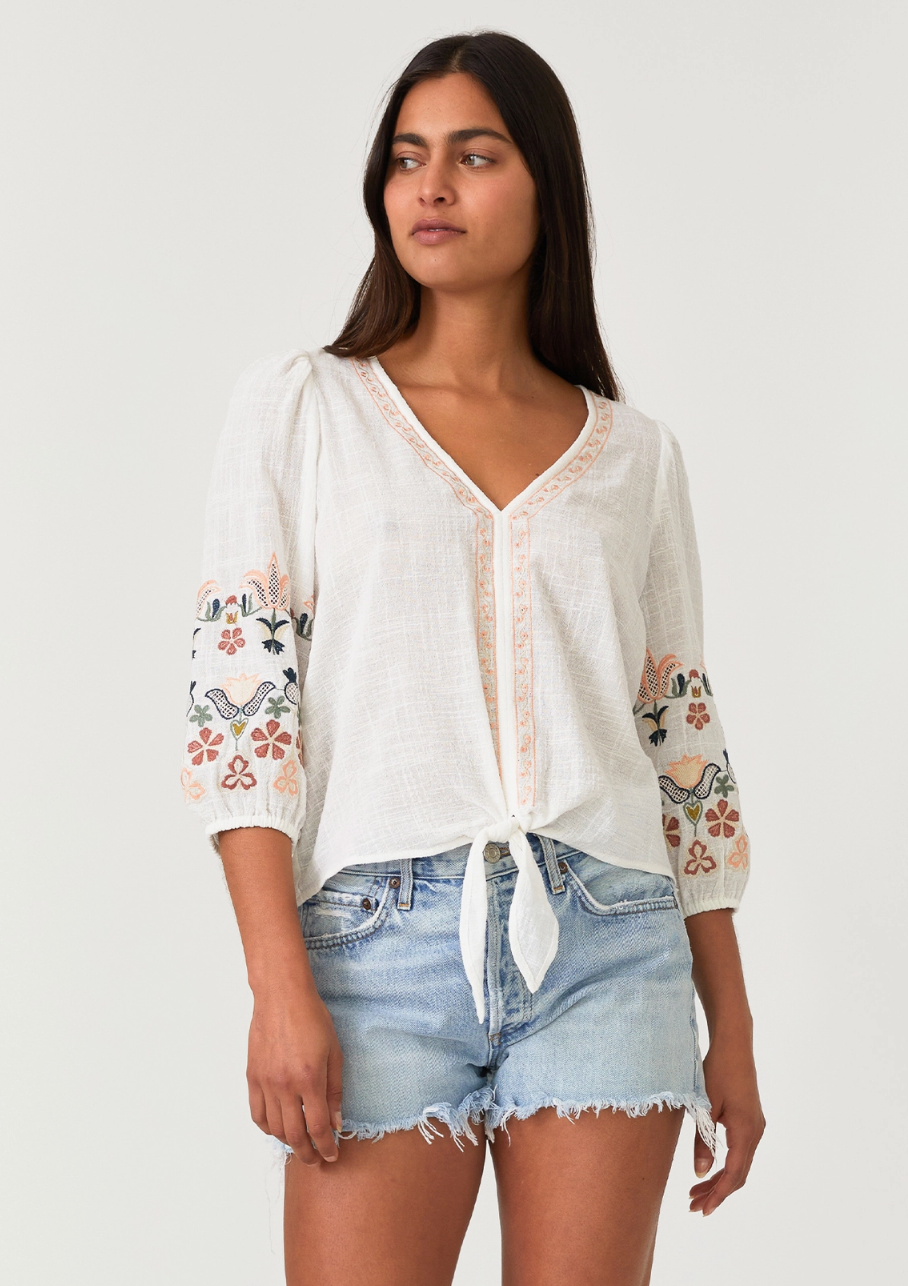 Floral Embroidered Tie Front Top