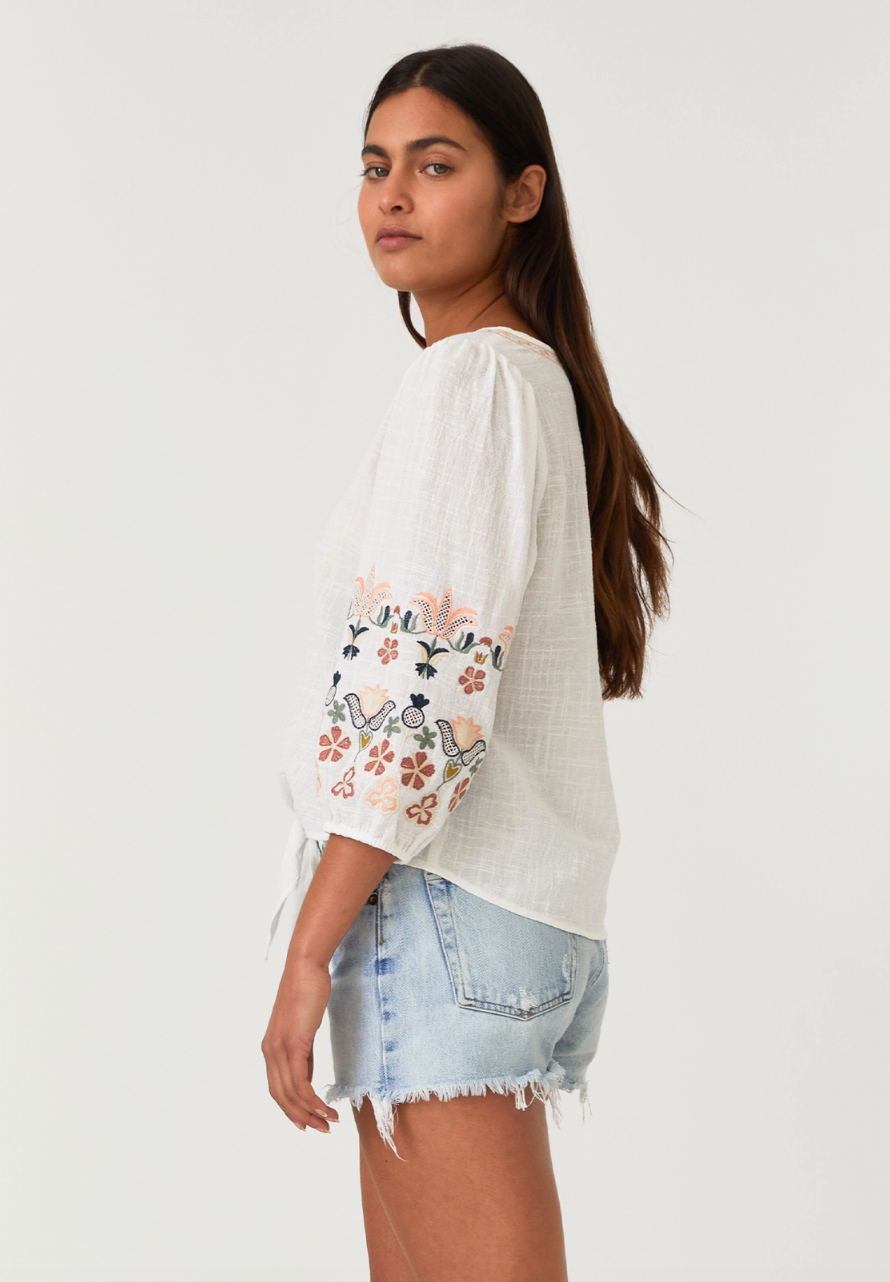 Floral Embroidered Tie Front Top