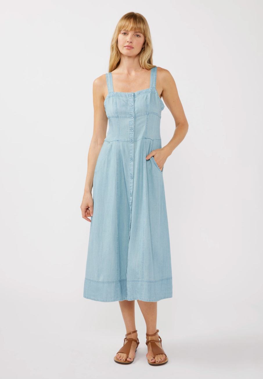 Square Neck Button Down Midi Dress