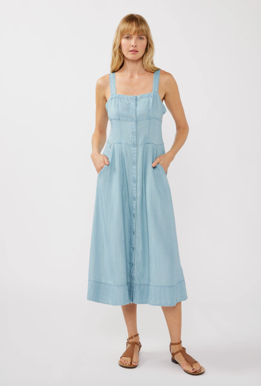 Square Neck Button Down Midi Dress
