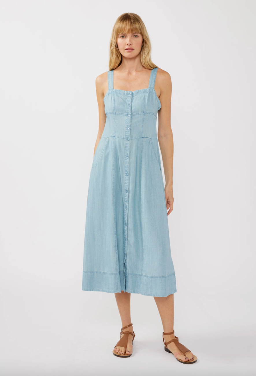 Square Neck Button Down Midi Dress