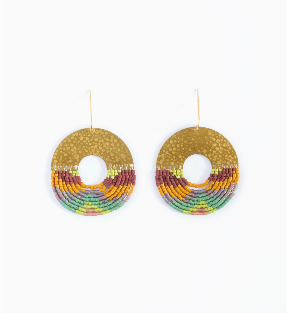Beaded Handwoven Organic Circular Fringe Earrings