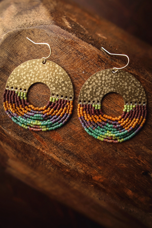 Beaded Handwoven Organic Circular Fringe Earrings
