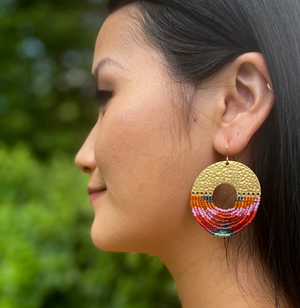 Beaded Handwoven Organic Circular Fringe Earrings
