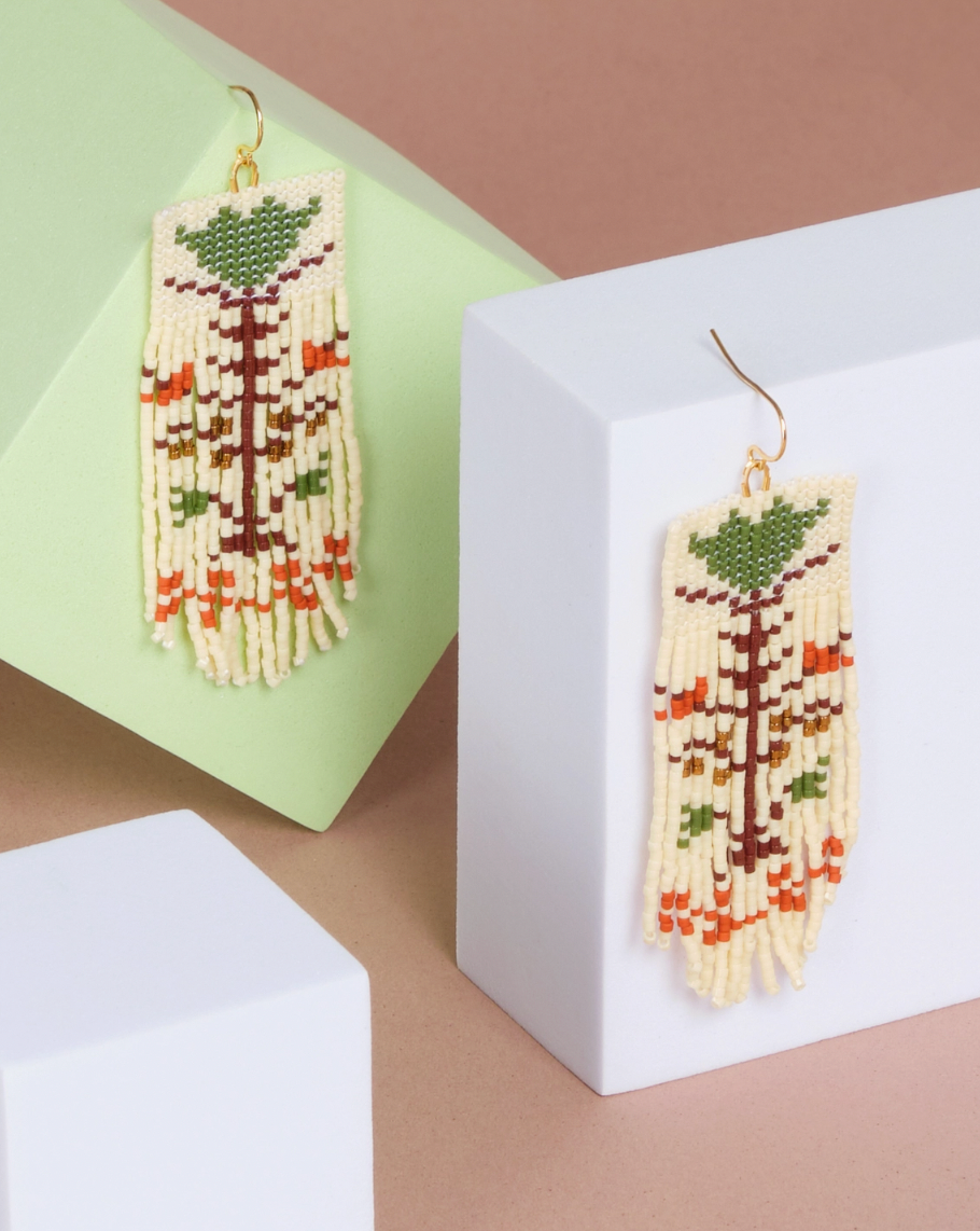 Beaded Handwoven Vintage Flower Fringe Earrings