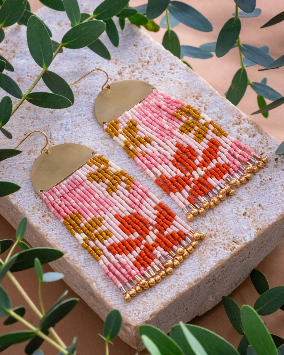 Beaded Handwoven Tropical Fringe Earrings