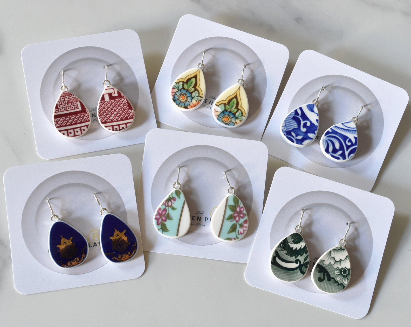 Broken Plate Teardrop Dangle Earrings