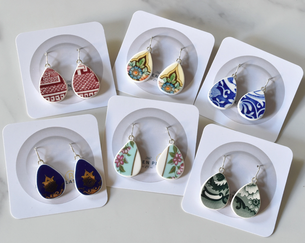 Broken Plate Teardrop Dangle Earrings