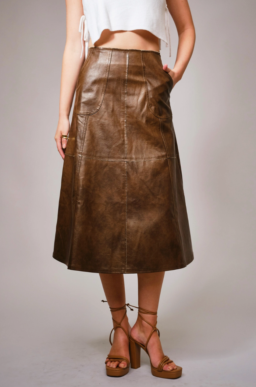 Washed Faux Leather Midi Skirt