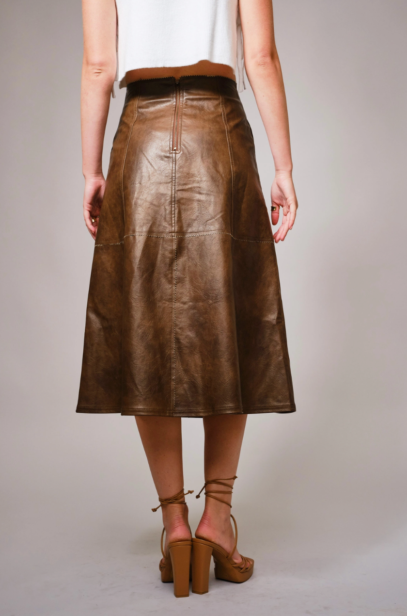 Washed Faux Leather Midi Skirt