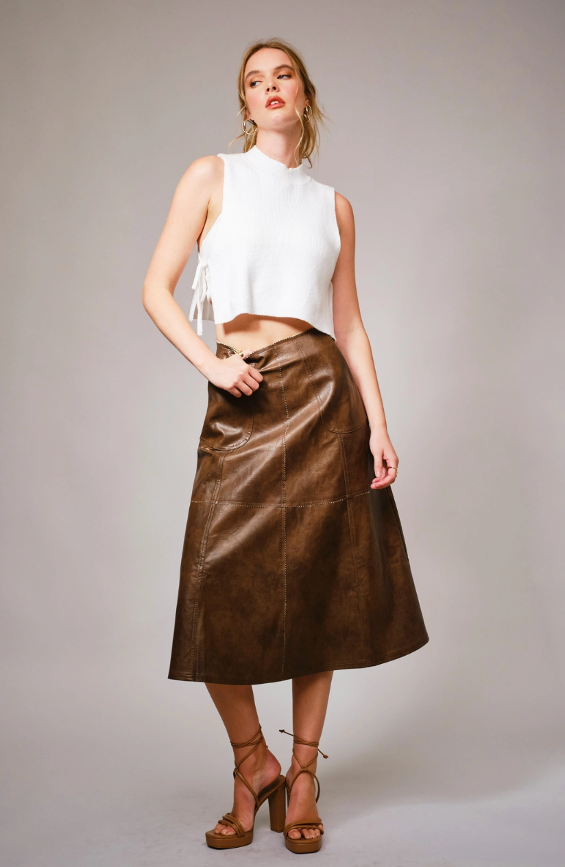 Washed Faux Leather Midi Skirt
