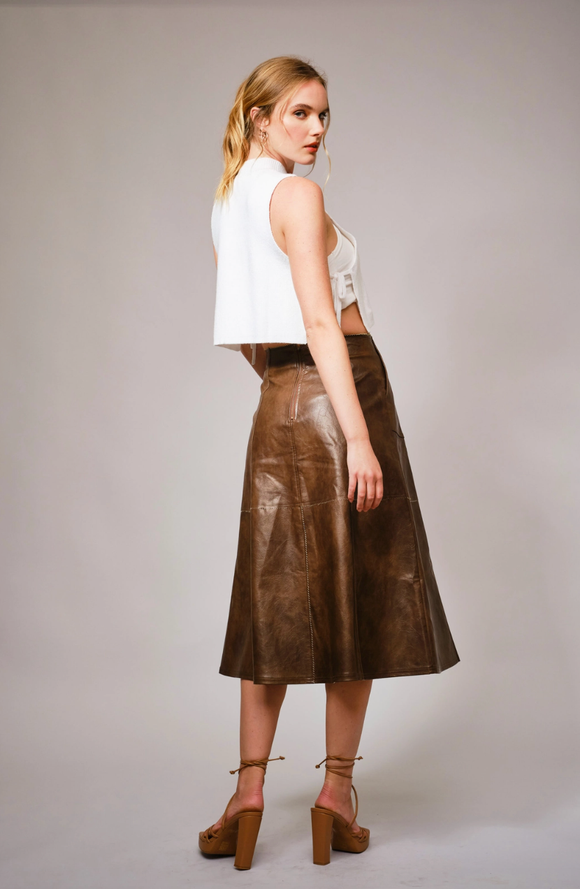 Washed Faux Leather Midi Skirt