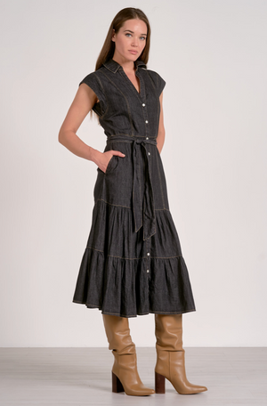 Cap Sleeve Denim Midi Dress
