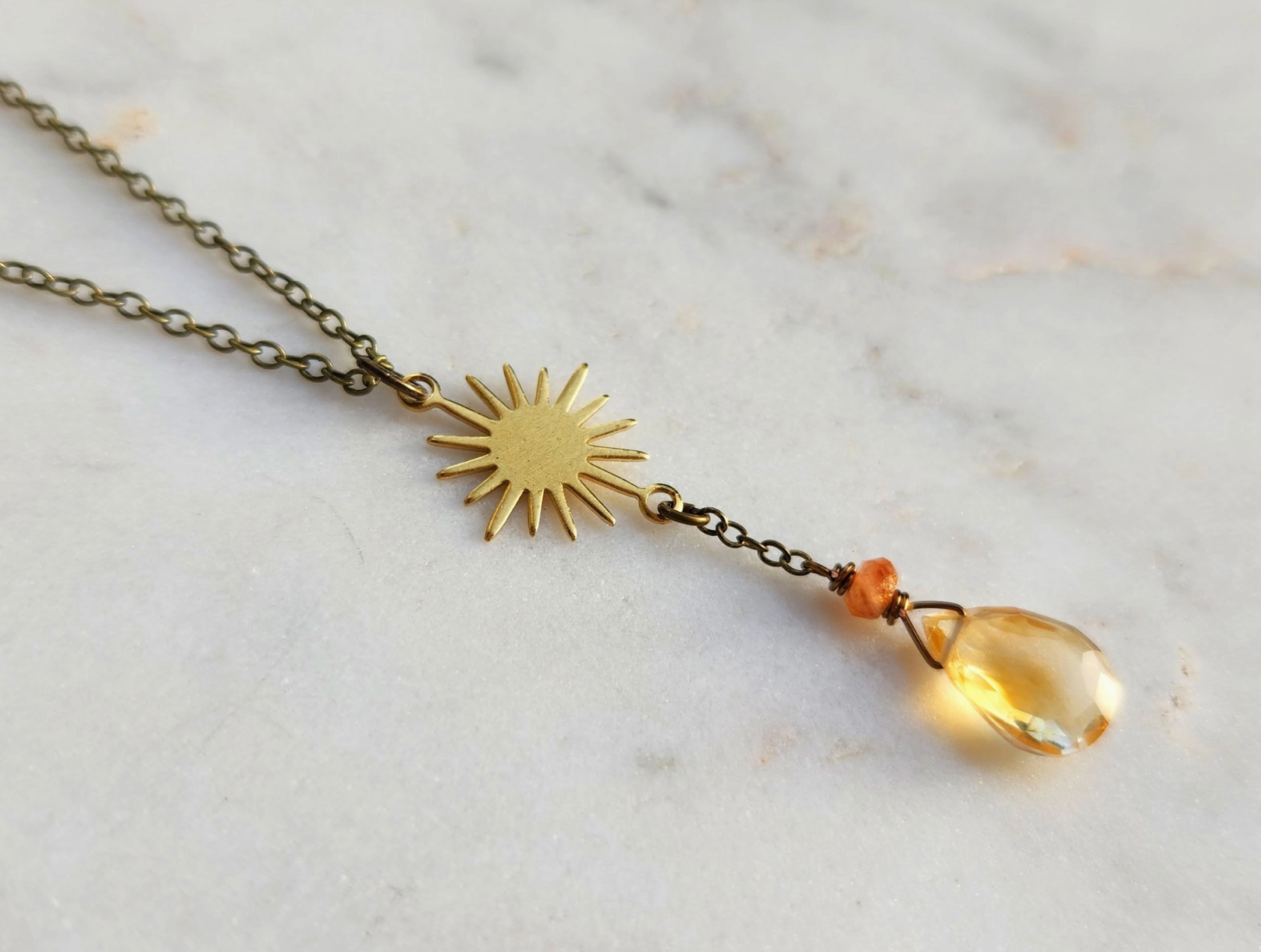 Citrine with Sunstone Brass Sun Necklace