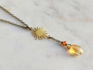Citrine with Sunstone Brass Sun Necklace