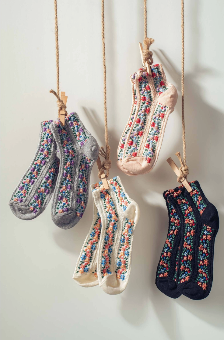 Vintage Floral Embroidered Socks