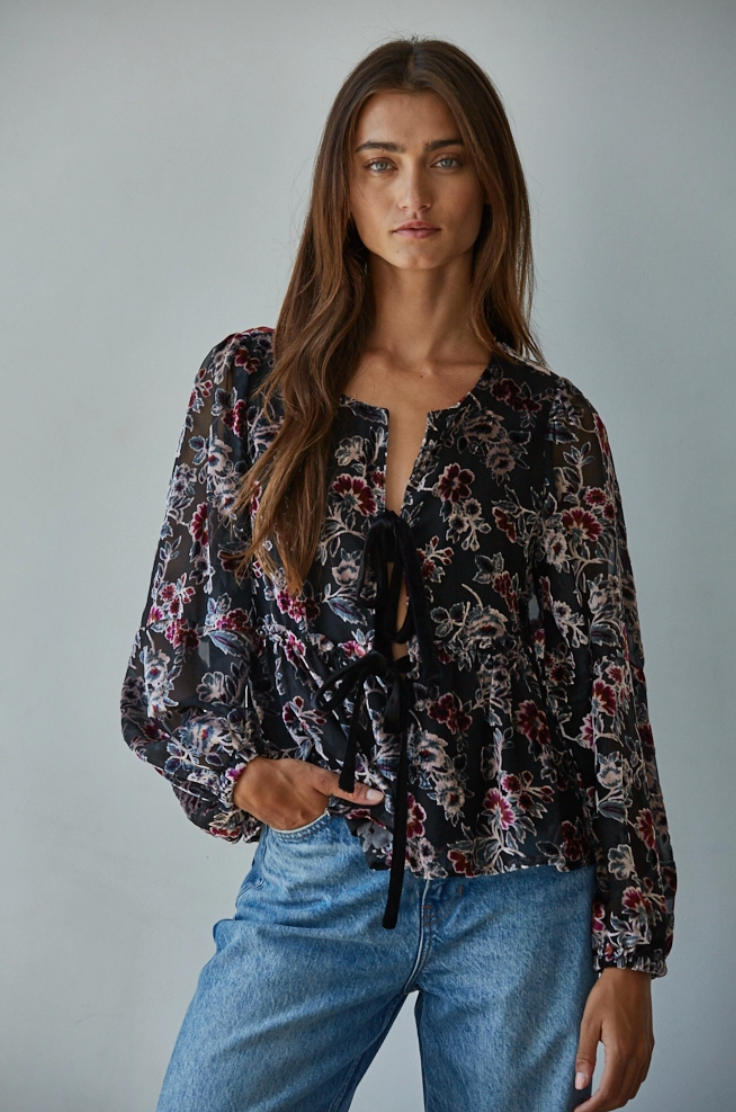 Velvet Floral Print Blouse