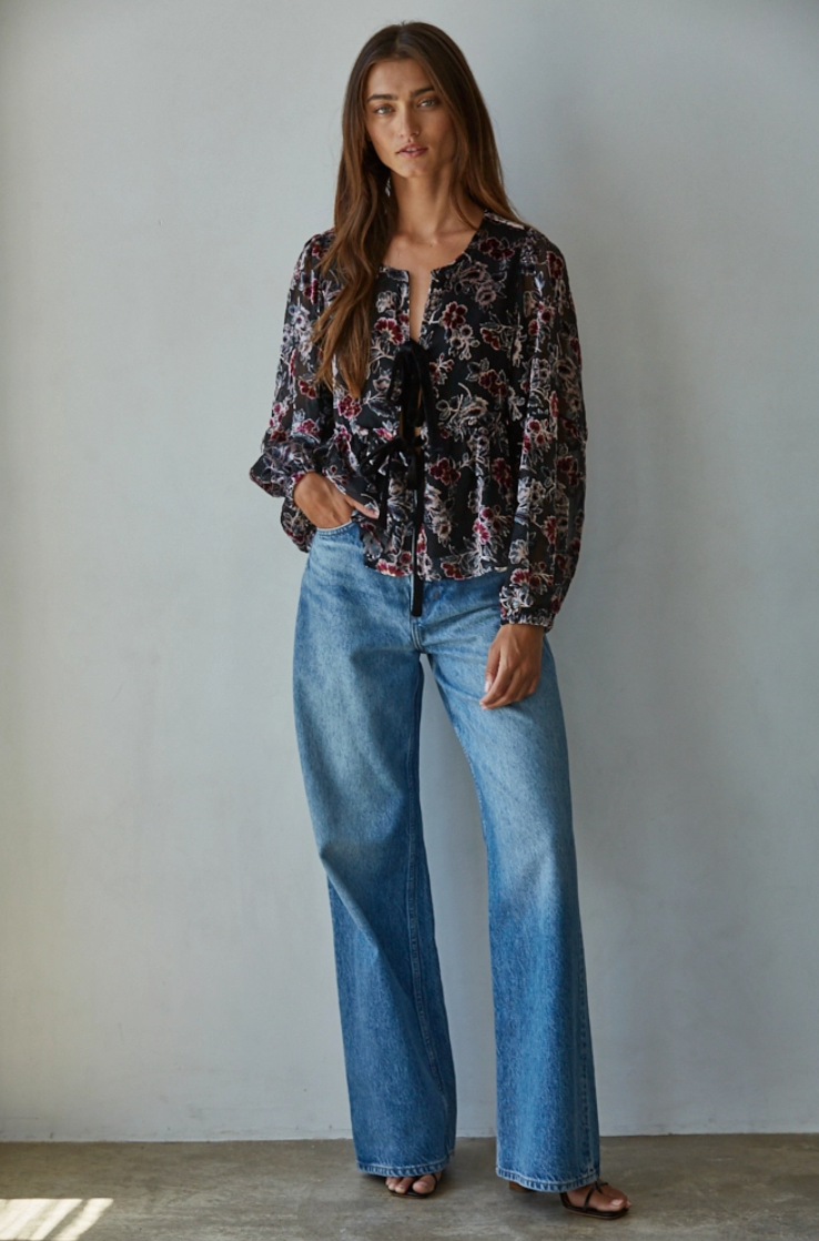 Velvet Floral Print Blouse