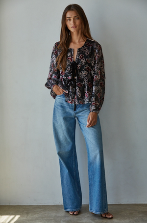 Velvet Floral Print Blouse