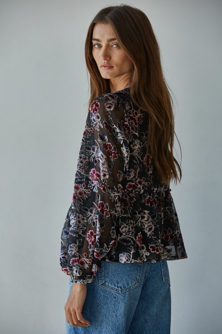 Velvet Floral Print Blouse