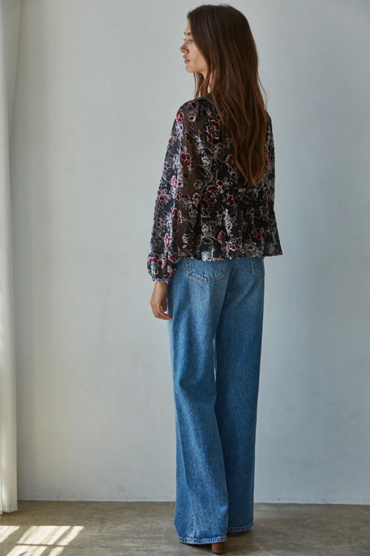 Velvet Floral Print Blouse