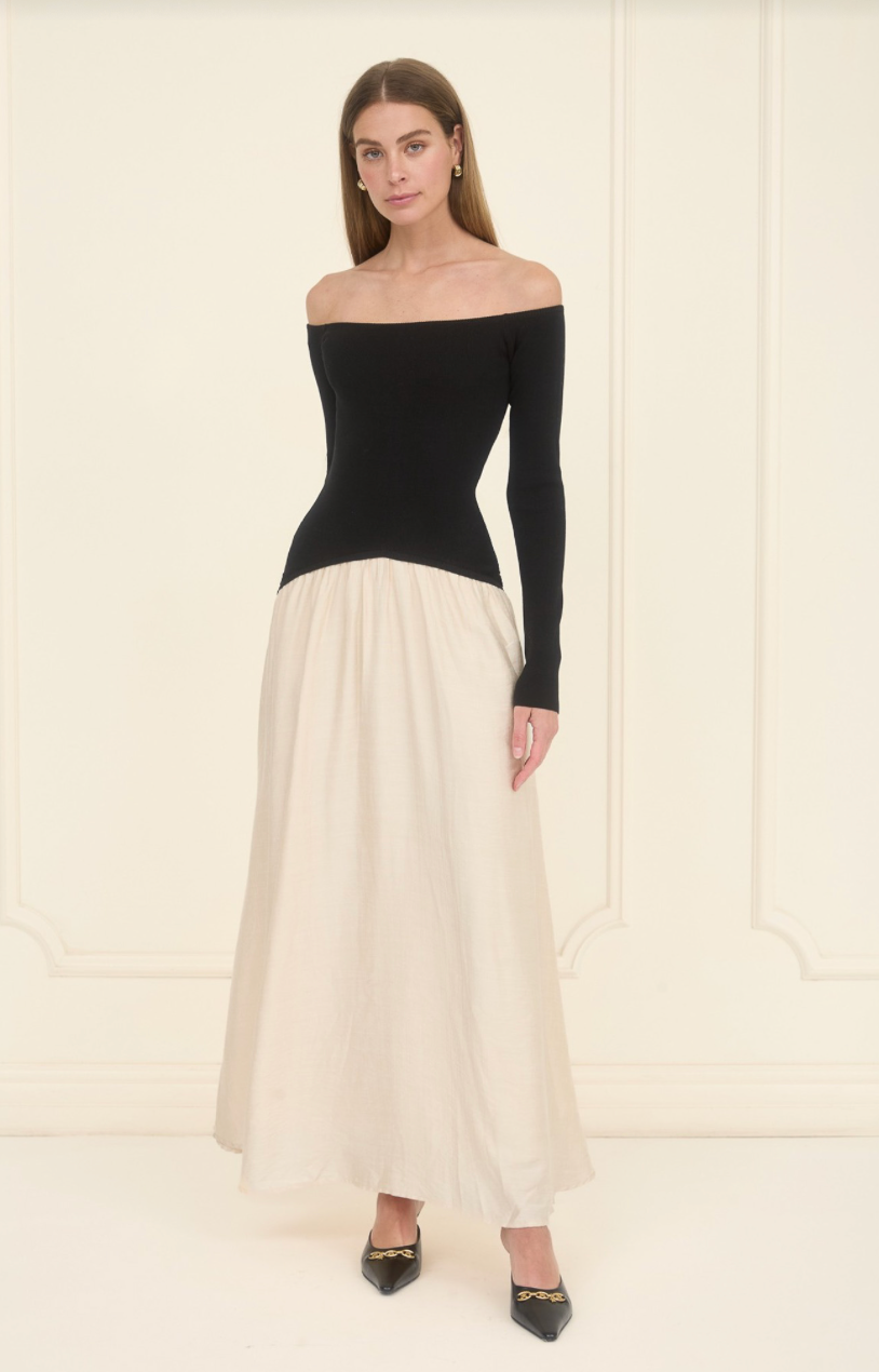 Off-Shoulder Mix Media Midi Dress