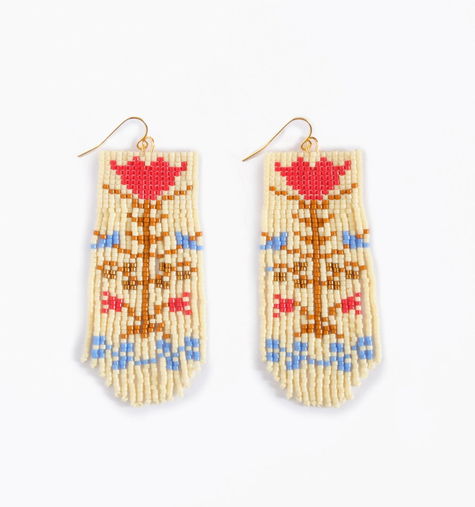 Beaded Handwoven Vintage Flower Fringe Earrings