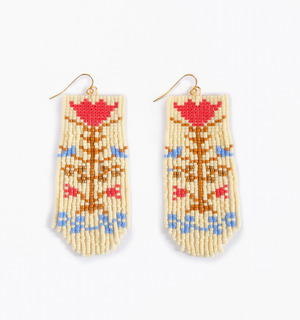 Beaded Handwoven Vintage Flower Fringe Earrings