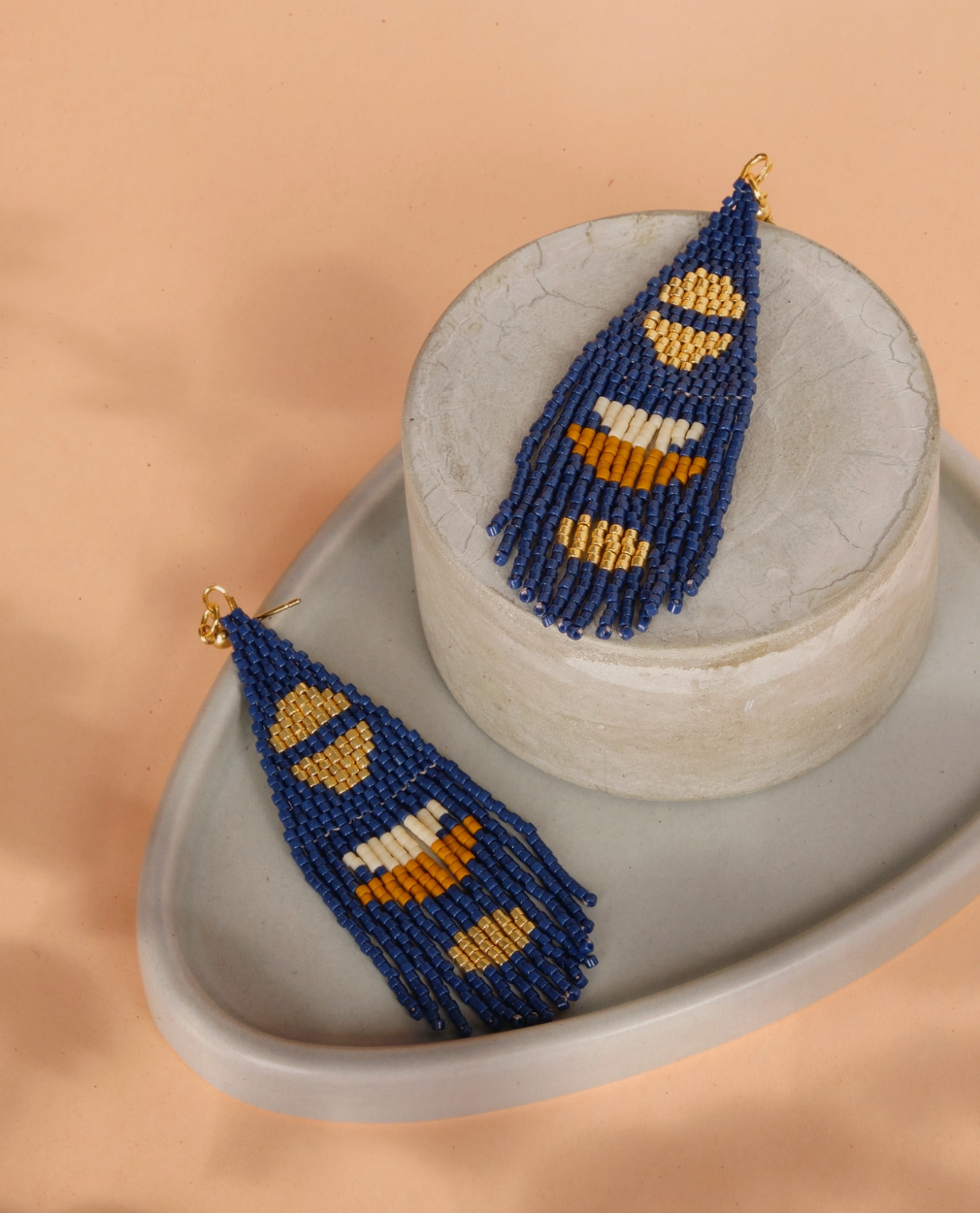 Beaded Handwoven Half Moon Fringe Earrings
