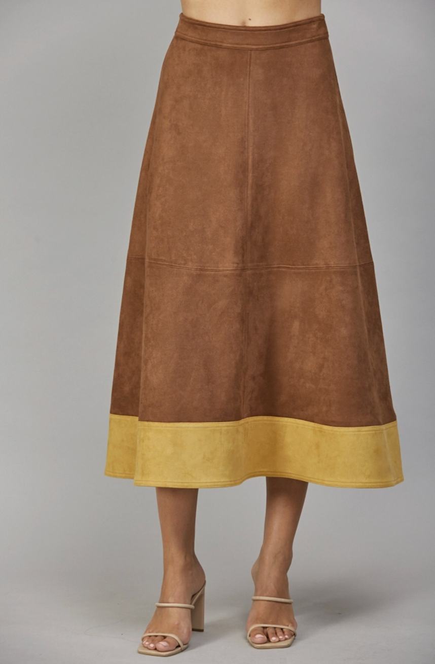 Contrast Faux Sued Midi Skirt