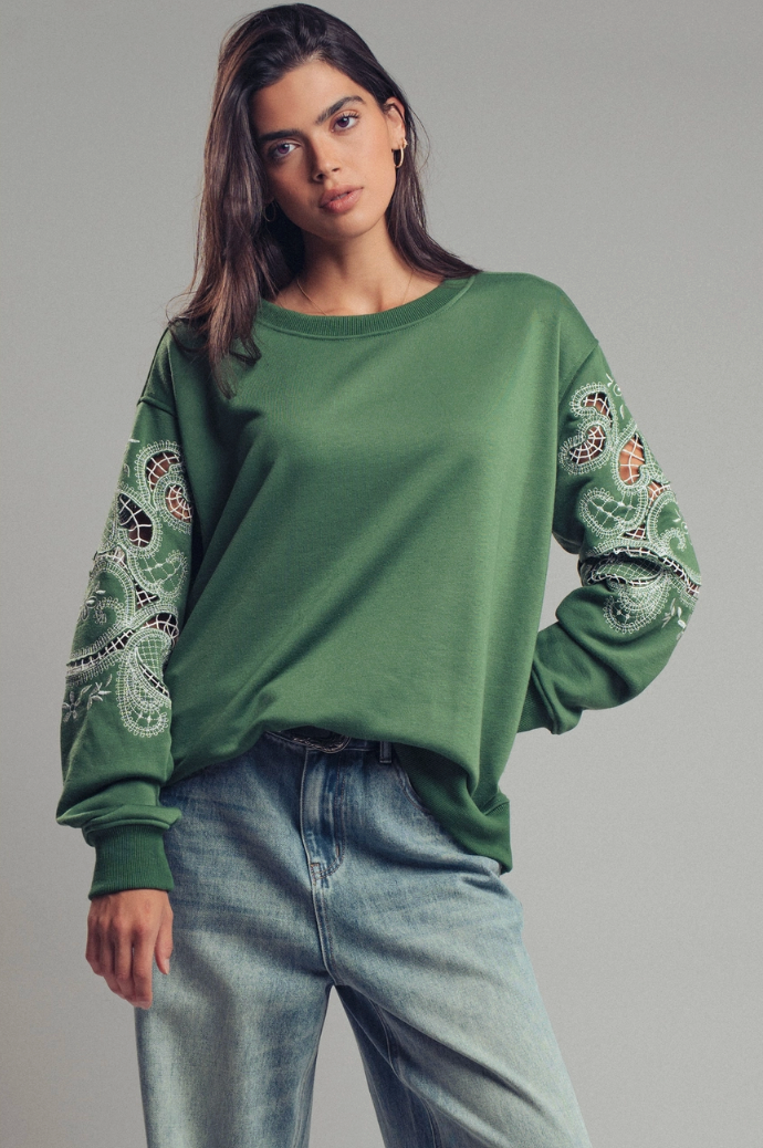 Lace Embroidered Sleeve Sweatshirt