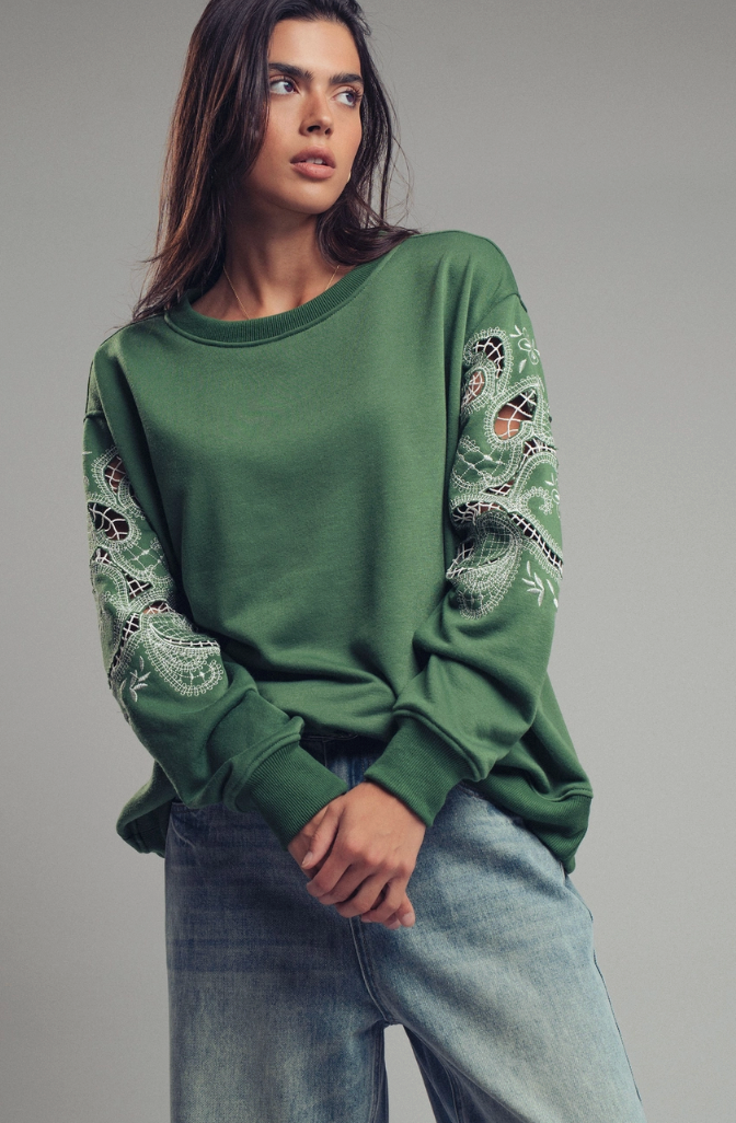 Lace Embroidered Sleeve Sweatshirt