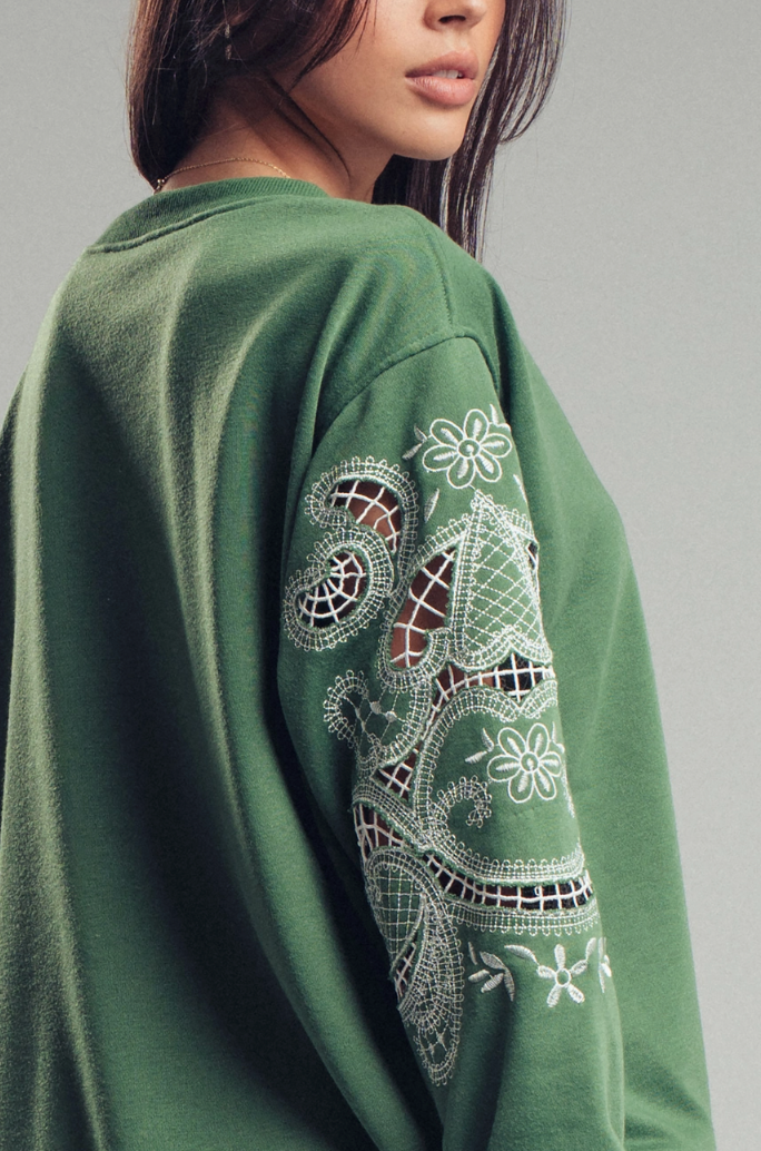Lace Embroidered Sleeve Sweatshirt