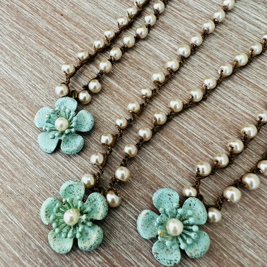 Minty Aqua Handpainted Flower Necklace