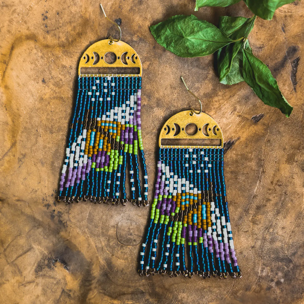 Beaded Handwoven Moonlit Moth Fringe Earrings