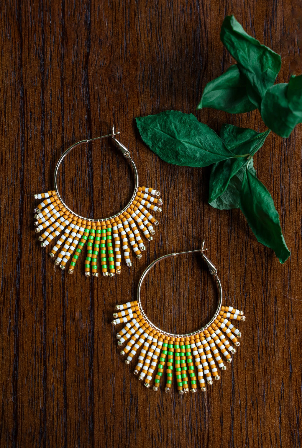 Beaded Handwoven Feathered Hoop Earrings