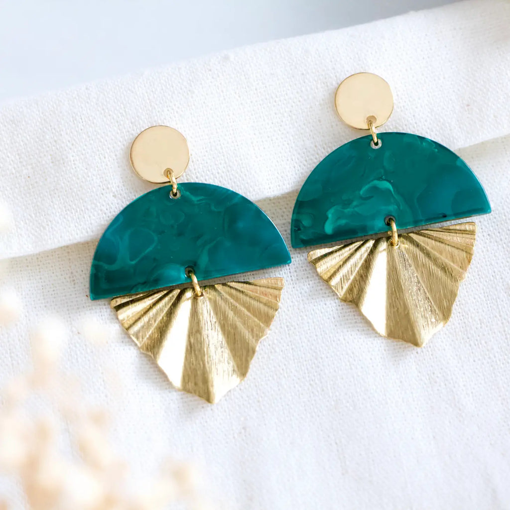Emerald Acrylic and Brass Earrings