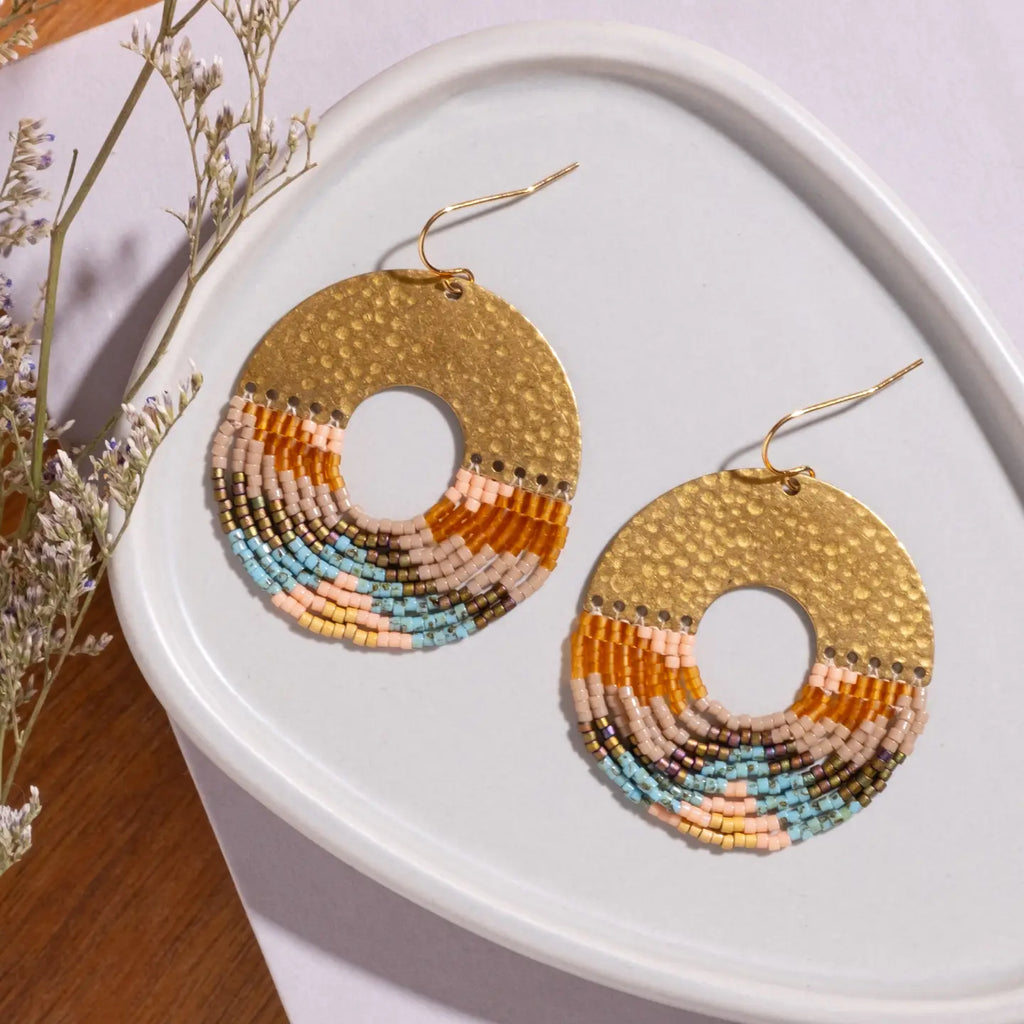 Beaded Handwoven Organic Circular Fringe Earrings