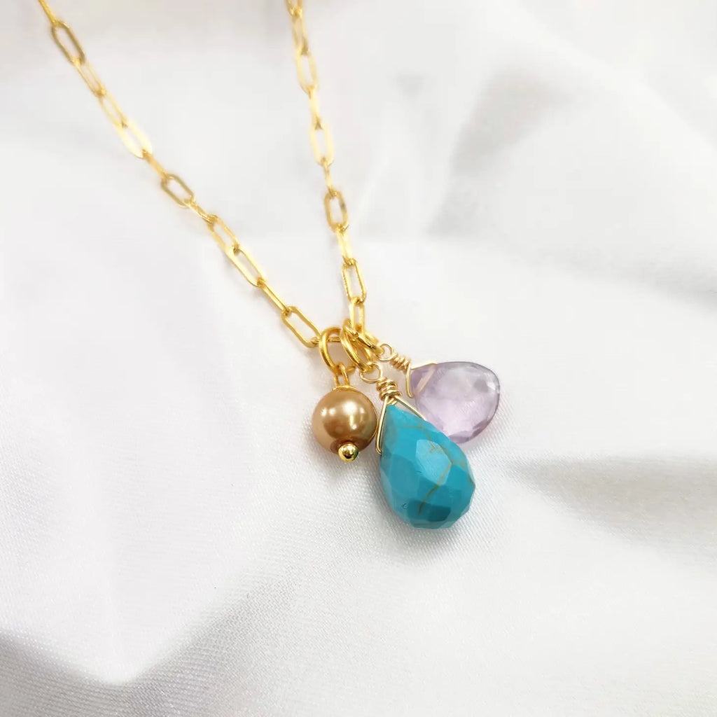 Pearl, Turquoise and Amethyst Cluster Necklace