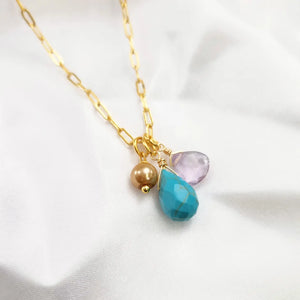 Pearl, Turquoise and Amethyst Cluster Necklace