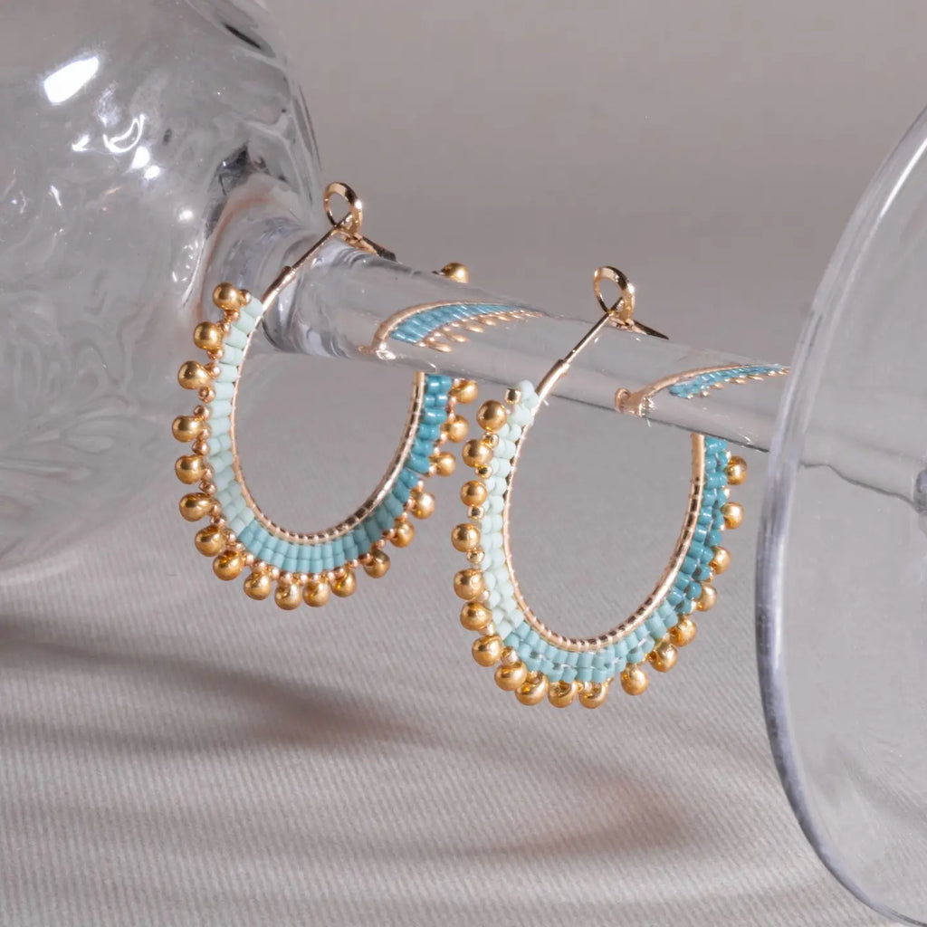 Handwoven Beaded Gold Drop Hoop Earrings