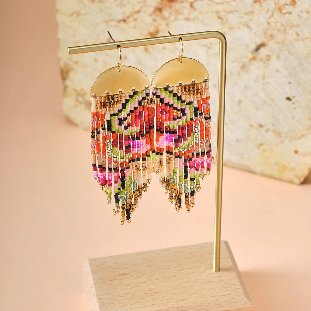 Beaded Handwoven Kaleidoscope Fringe Earrings