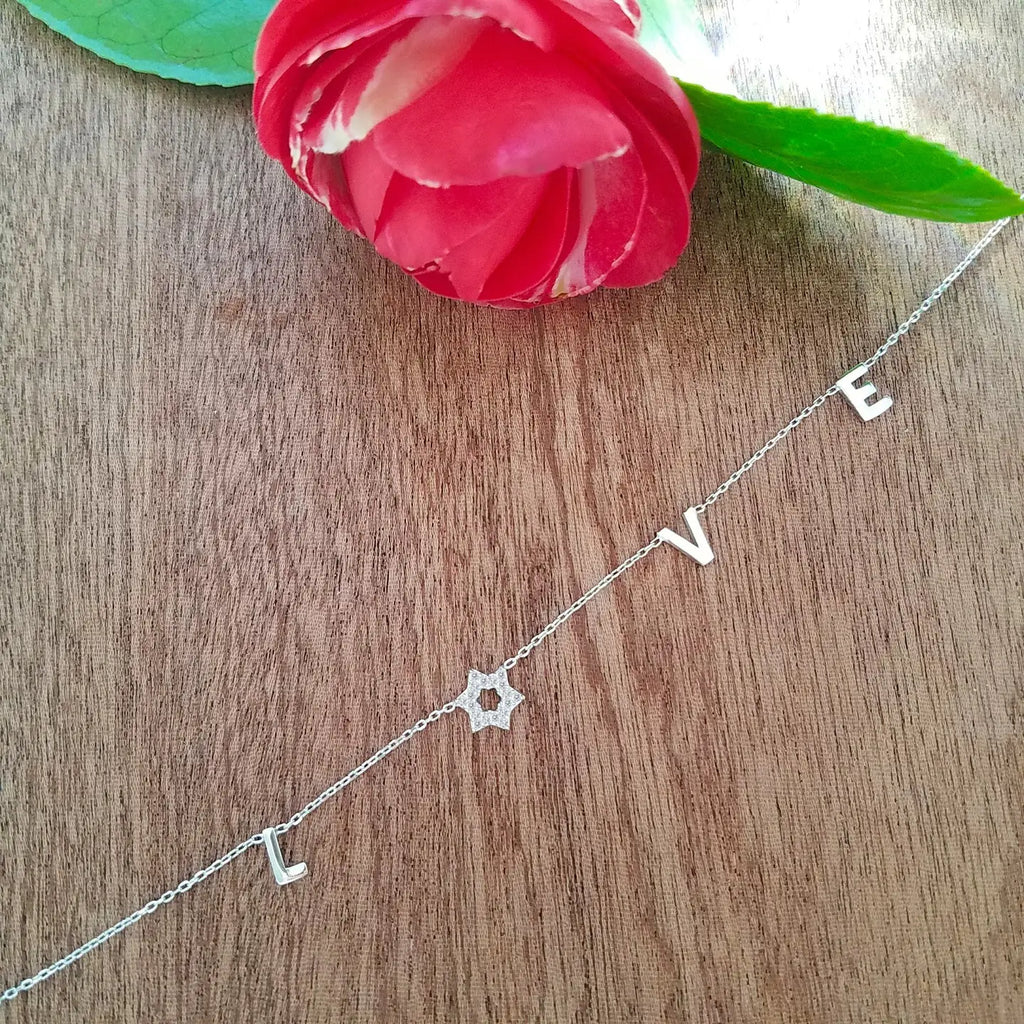 Jewish Star and Love Necklace with Sparkling Stones