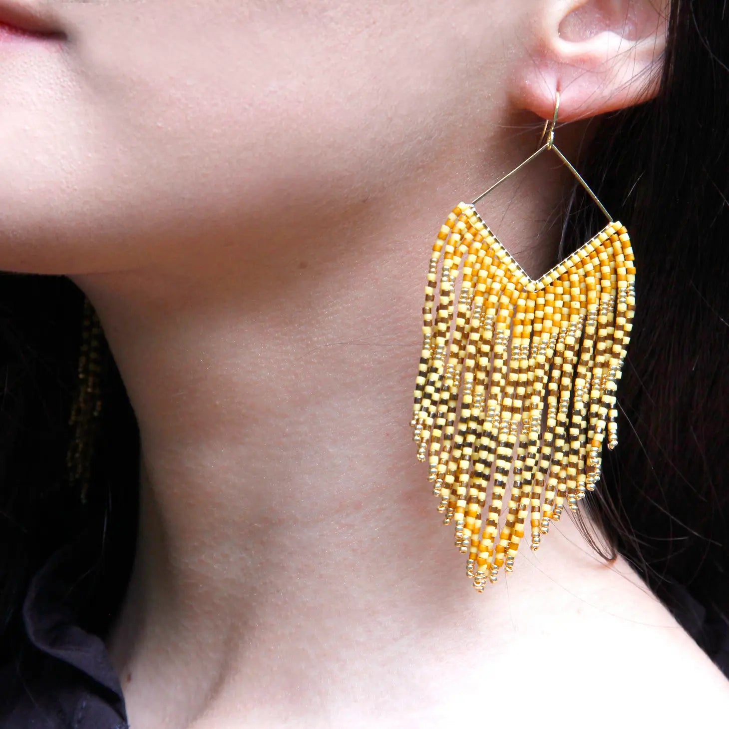 Beaded Handwoven Maxi V Fringe Earrings