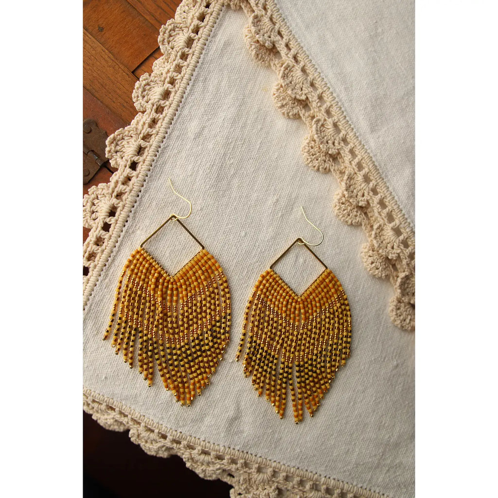 Beaded Handwoven Maxi V Fringe Earrings