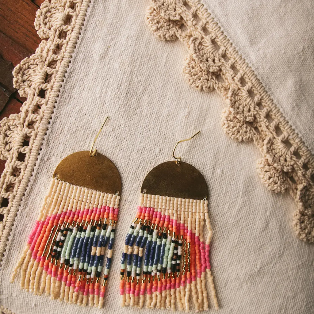 Beaded Handwoven Rainbow Fringe Earrings