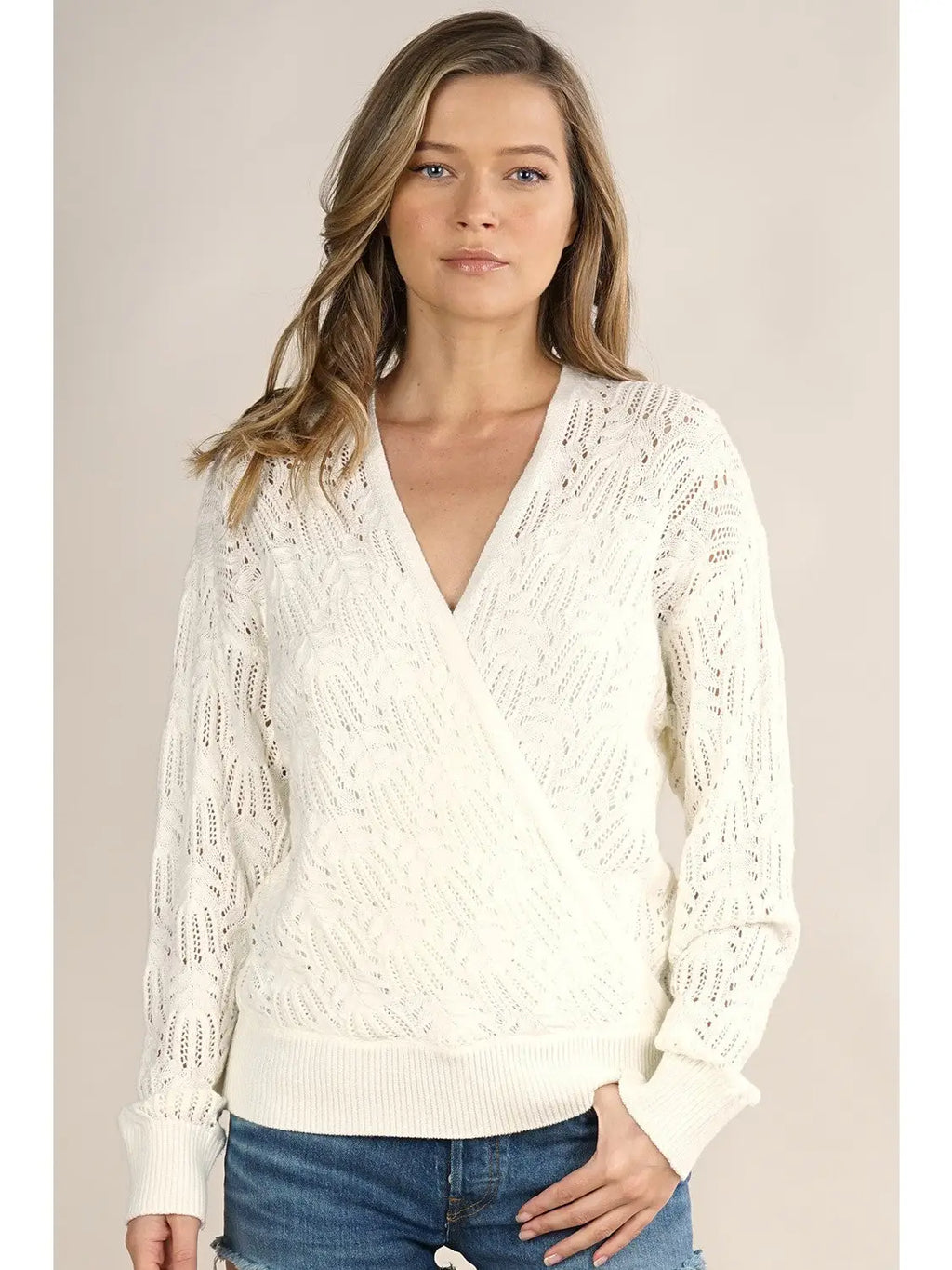 Pointelle Surplice Front Pullover
