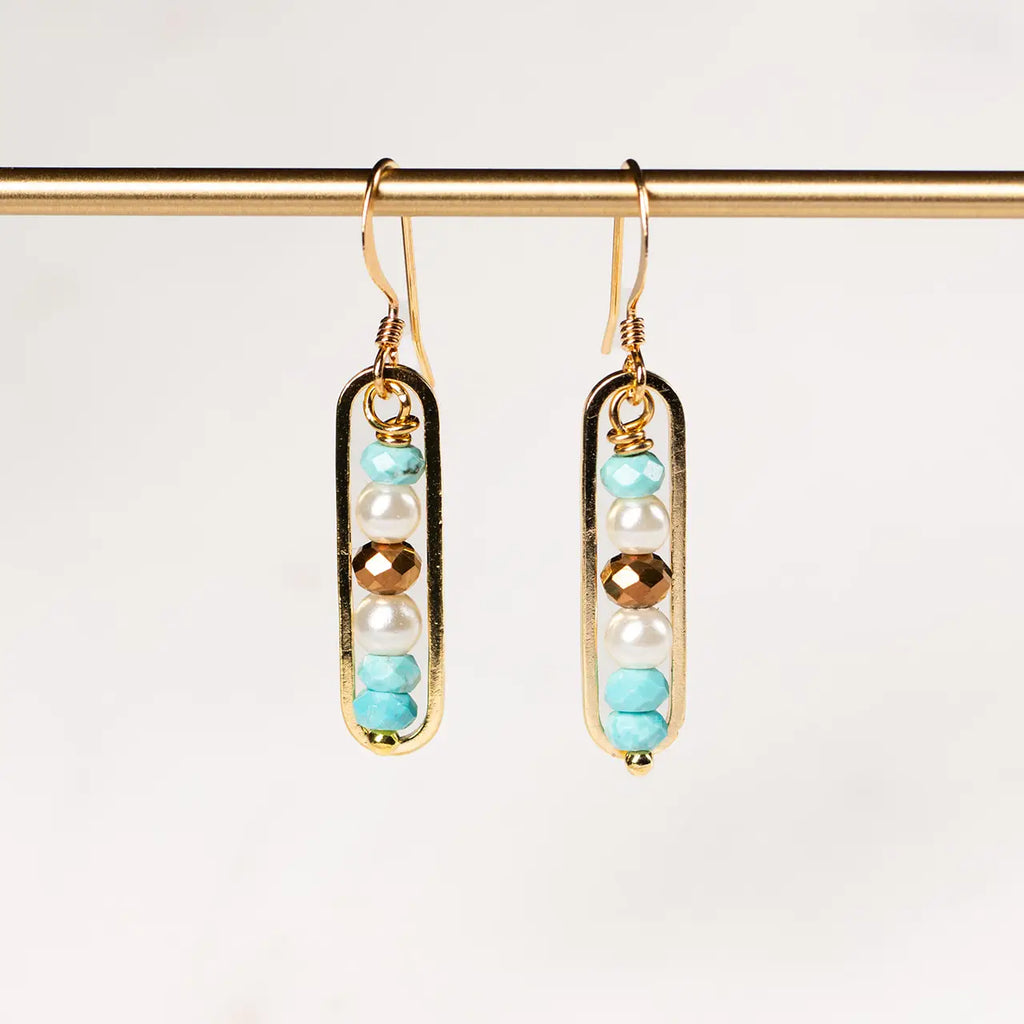 Turquoise, Pearl, Metallic Crystal Peapod Earrings