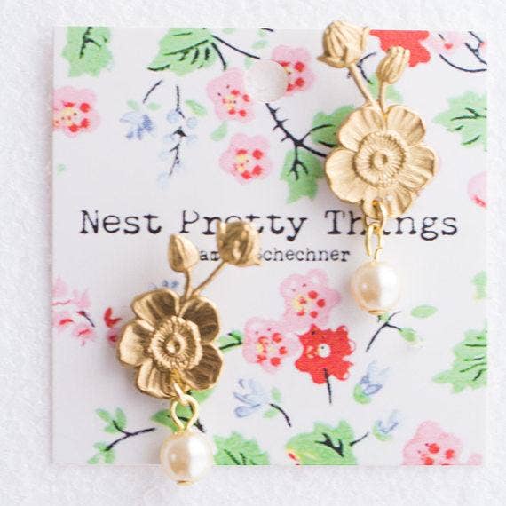 Flower and Pearl Stud Earrings